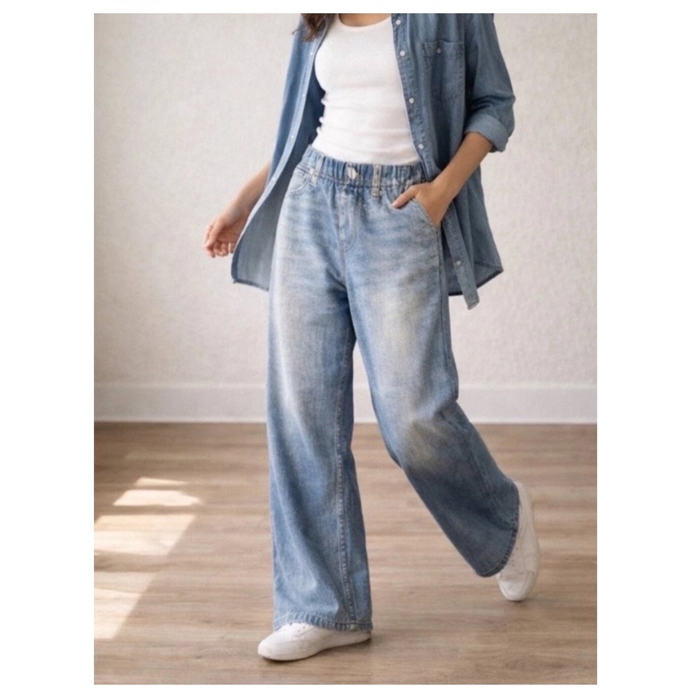 NWT Mila Rosabella Trompe Loeil Denim Print Pants S Blue Wide Leg Sweatpant Jean